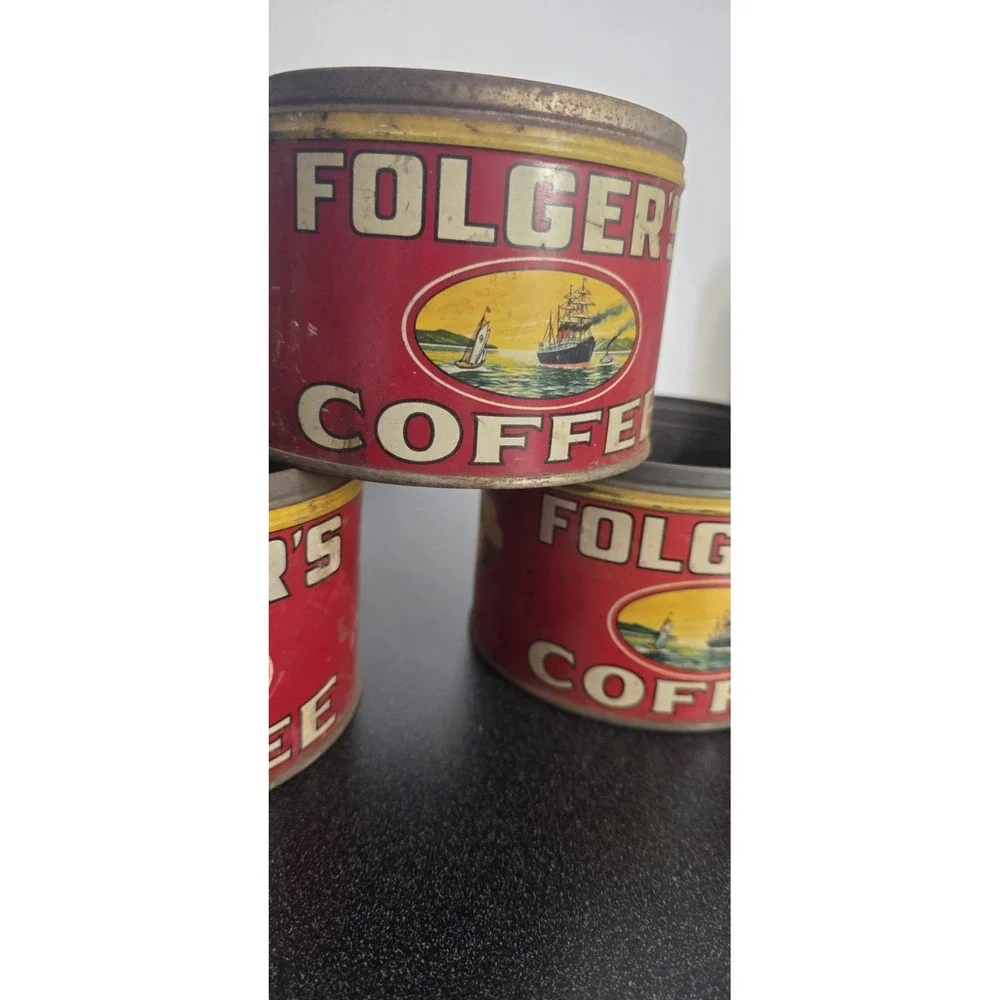 3pc Vintage Folgers 1931 Kansas City Coffee Tin Can Coffee Antique Metal No Lids